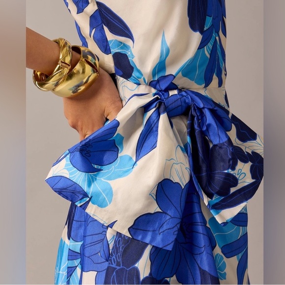 J.Crew Collection one-shoulder ruffle-hem dress blue painted floral print. Sz 00 - Picture 6 of 7